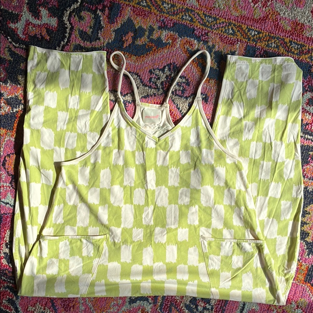 Free People Movement Hotshot Green and White Checkered Jumpsuit- XS